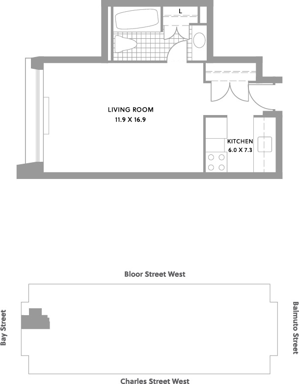 Floor plan: small studio facing west.
