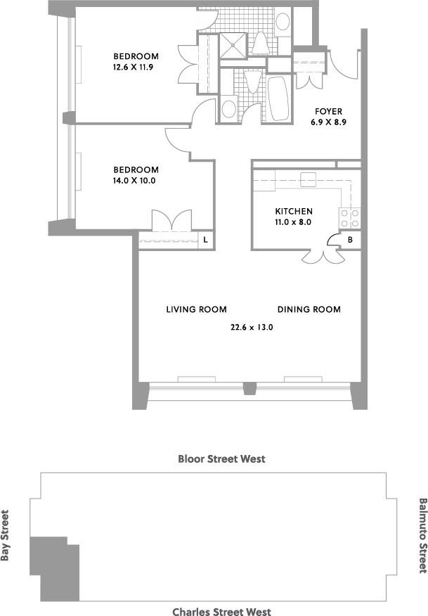 Floor plan: 2 bdrm, facing south & west.