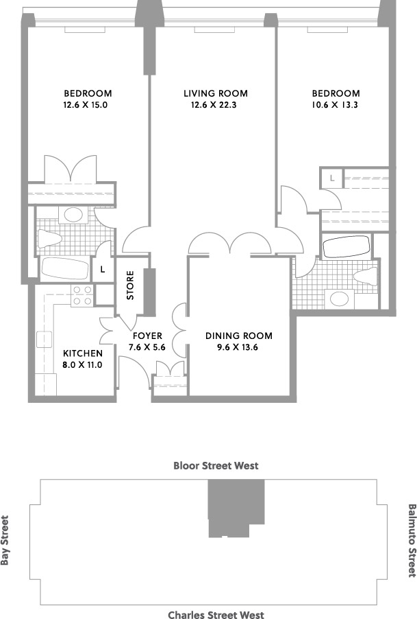 2 Bedrooms: 1,179-1,229 SQ FT floor plan. 